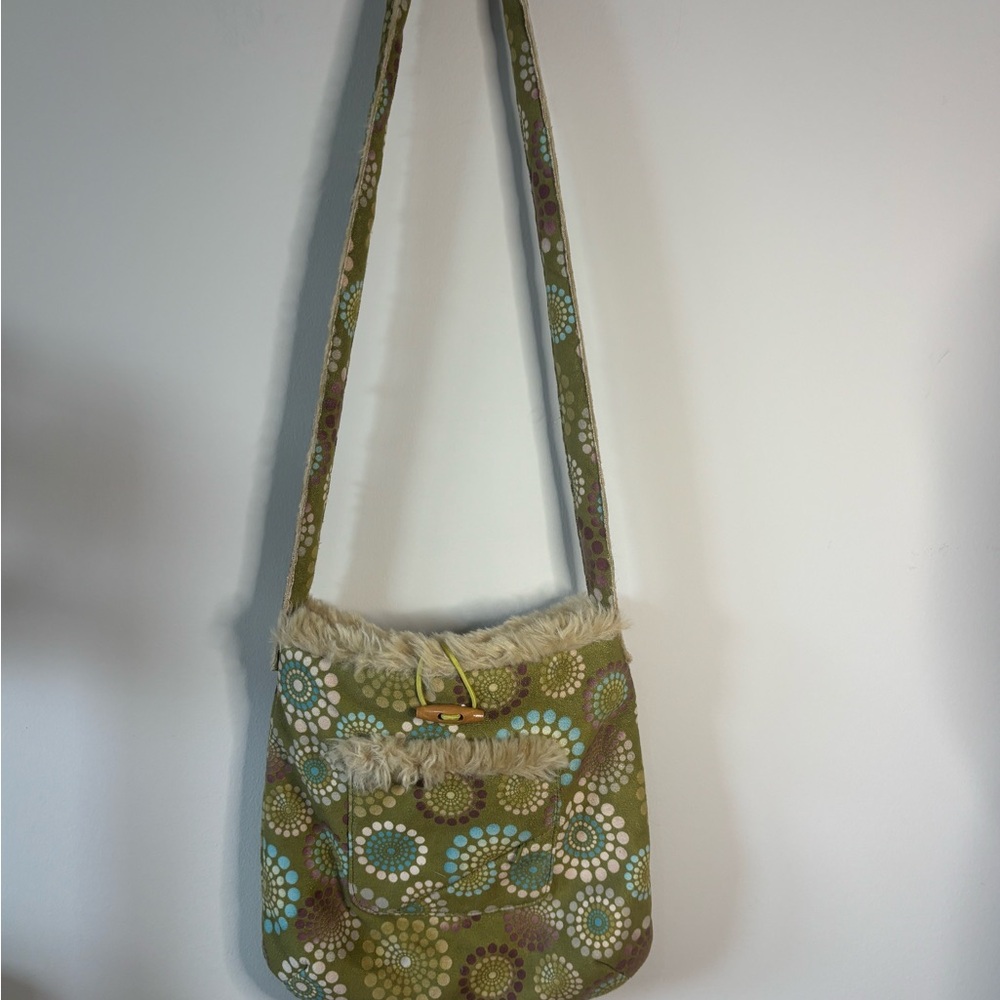 Athleta Flannel and faux Fur trim, nylon‎ lined Shoulder Bag W toggle closure